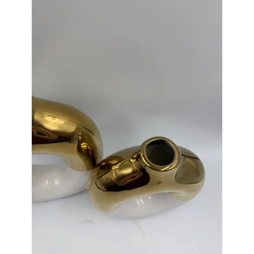 NIB White & Gold Ceramic Vase Set of 2 Round Donut Hollow Flower Vases for Home